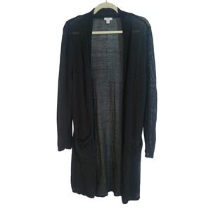 J. Jill Womens XL Black Linen Viscose Mesh Knit Open Front Longline Cardigan